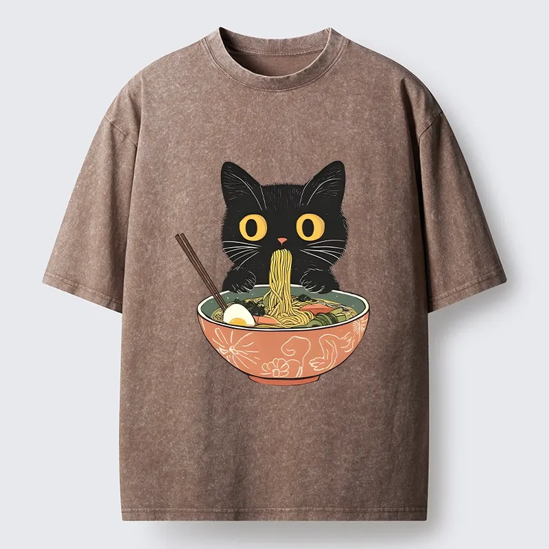 Tokyo-Tiger Black Cat Focused On Ramen Feast Washed T-Shirt