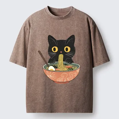 Tokyo-Tiger Black Cat Focused On Ramen Feast Washed T-Shirt