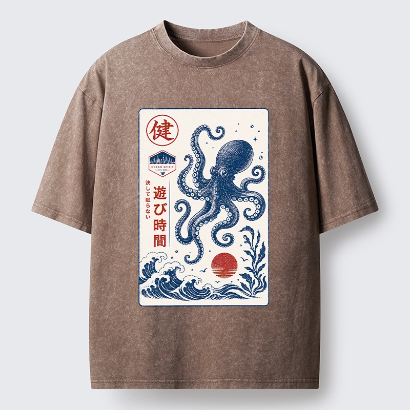 Tokyo-Tiger Octopus Swims In Wild Ocean Waves Washed T-Shirt