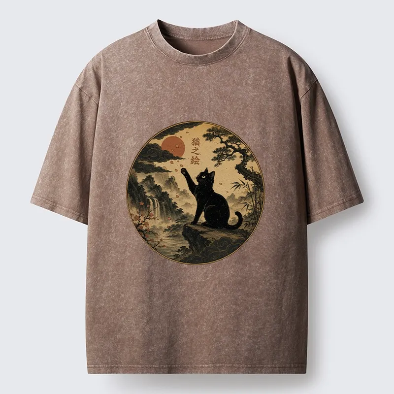 Tokyo-Tiger Serene Nature Scene Of Curious Ink Black Cat Washed T-Shirt