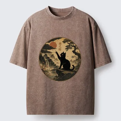 Tokyo-Tiger Serene Nature Scene Of Curious Ink Black Cat Washed T-Shirt