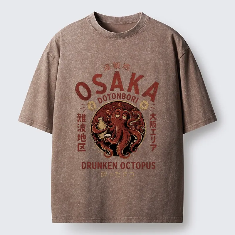 Tokyo-Tiger Osaka Artwork Of Wine Drunk Octopus Washed T-Shirt