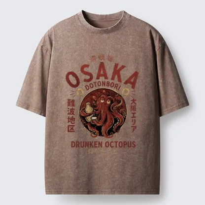 Tokyo-Tiger Osaka Artwork Of Wine Drunk Octopus Washed T-Shirt