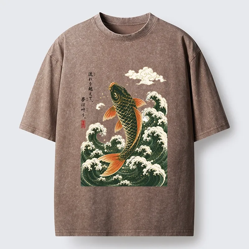 Tokyo-Tiger Japanese Koi Ascends Over Foamy Sea Waves Washed T-Shirt