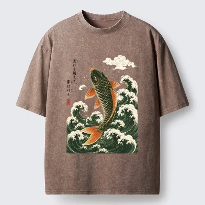 Tokyo-Tiger Japanese Koi Ascends Over Foamy Sea Waves Washed T-Shirt