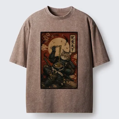 Tokyo-Tiger Bushido Cat Takes A Cozy Ramen Break Washed T-Shirt