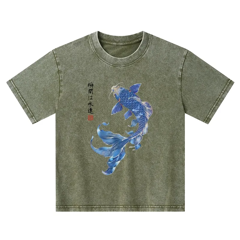 Tokyo-Tiger Lucky Blue Koi Fish Art Kids Washed T-Shirt