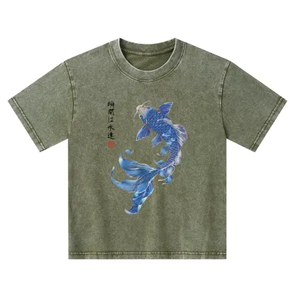 Tokyo-Tiger Lucky Blue Koi Fish Art Kids Washed T-Shirt