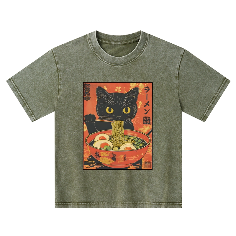 Tokyo-Tiger Hungry Black Cat Loves Ramen Kids Washed T-Shirt
