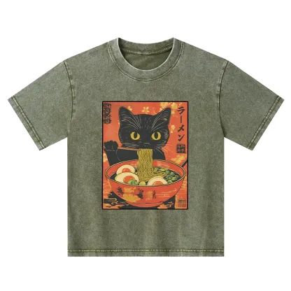 Tokyo-Tiger Hungry Black Cat Loves Ramen Kids Washed T-Shirt