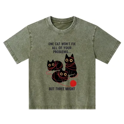 Tokyo-Tiger Three Cats Fix All Problems Kids Washed T-Shirt