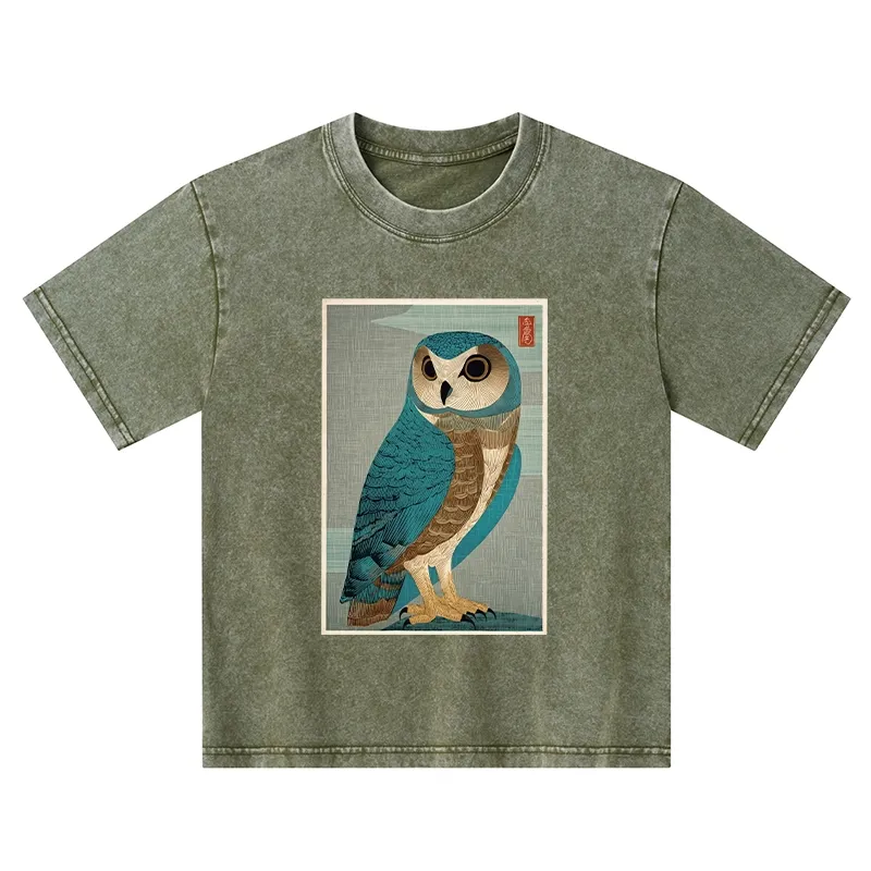 Tokyo-Tiger Vintage Owl Woodblock Art Kids Washed T-Shirt