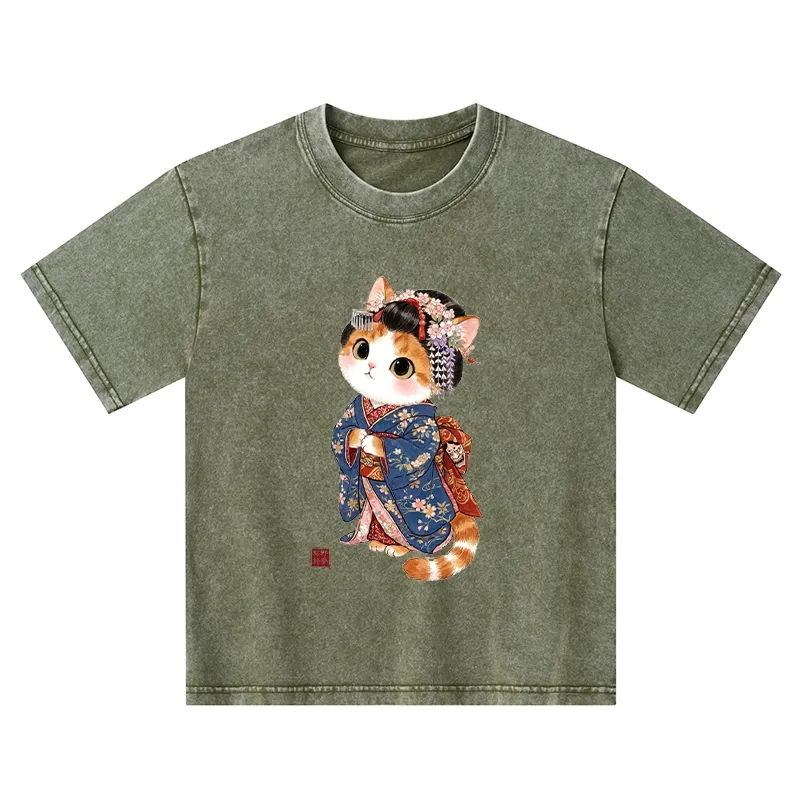 Tokyo-Tiger Cat Dressed As A Geisha Funny Kids Washed T-Shirt Sale