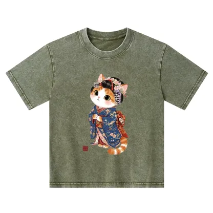 Tokyo-Tiger Cat Dressed As A Geisha Funny Kids Washed T-Shirt