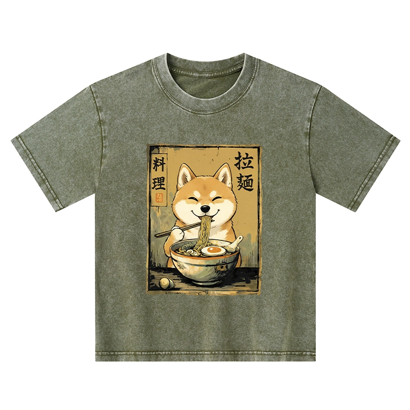 Tokyo-Tiger Happy Shiba Eating Ramen Kids Washed T-Shirt