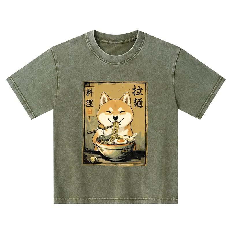 Tokyo-Tiger Happy Shiba Eating Ramen Kids Washed T-Shirt