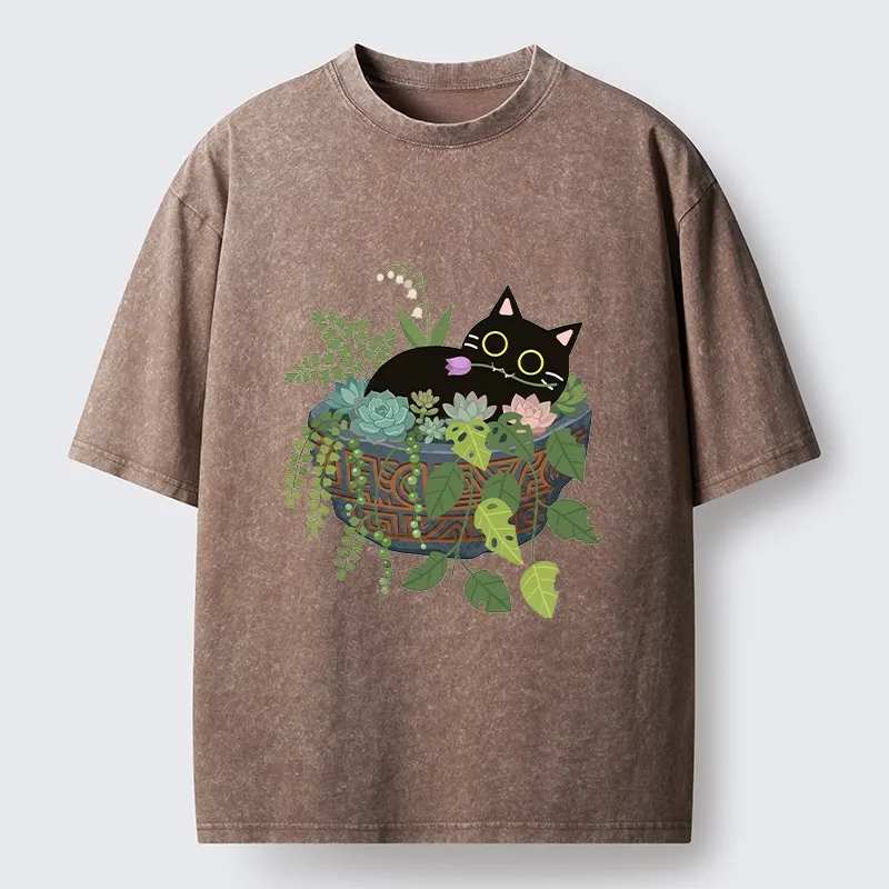 Tokyo-Tiger Cat Relaxing Inside Flower Pot Washed T-Shirt