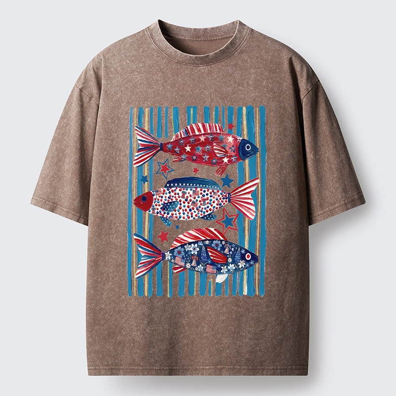Tokyo-Tiger Vibrant Independence Day Star Decorated Fish Washed T-Shirt
