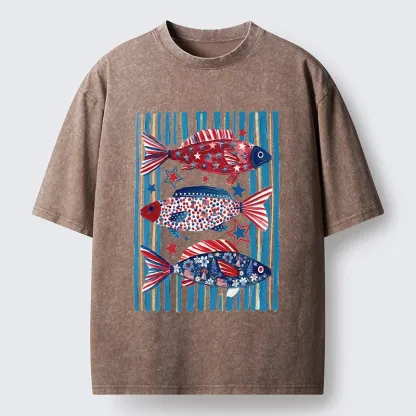 Tokyo-Tiger Vibrant Independence Day Star Decorated Fish Washed T-Shirt