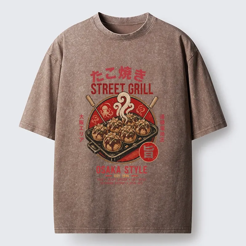 Tokyo-Tiger Osaka Takoyaki Street Grill Art Washed T-Shirt