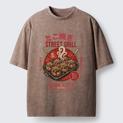 Tokyo-Tiger Osaka Takoyaki Street Grill Art Washed T-Shirt