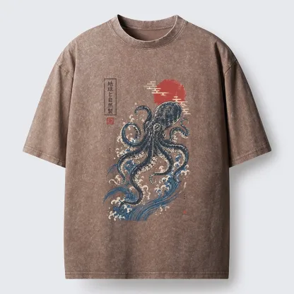 Tokyo-Tiger Traditional Japanese Wave Red Sun Octopus Washed T-Shirt