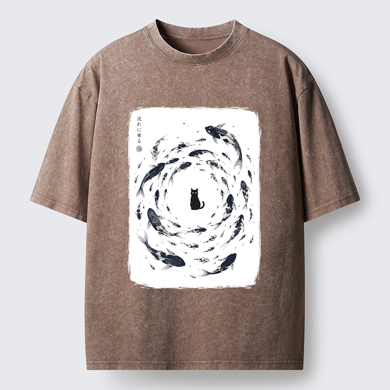 Tokyo-Tiger Traditional Japanese Carp Circle Cat Washed T-Shirt