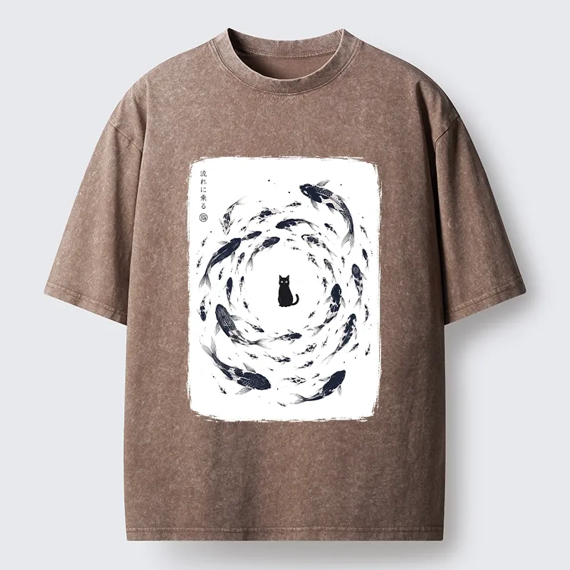 Tokyo-Tiger Traditional Japanese Carp Circle Cat Washed T-Shirt