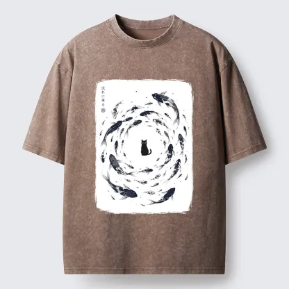 Tokyo-Tiger Traditional Japanese Carp Circle Cat Washed T-Shirt