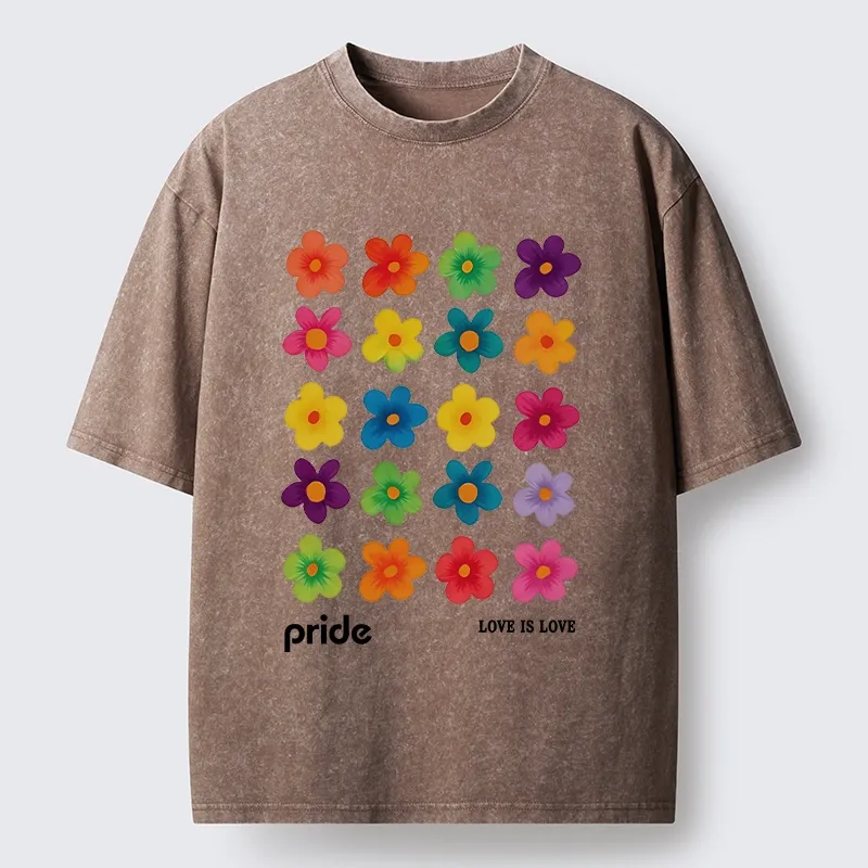 Tokyo-Tiger Colorful Flower Grid For Pride Month Washed T-Shirt