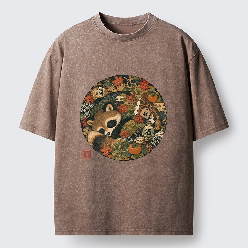 Tokyo-Tiger Sleepy Raccoon Enjoys Autumn Sake Break Washed T-Shirt