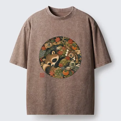 Tokyo-Tiger Sleepy Raccoon Enjoys Autumn Sake Break Washed T-Shirt