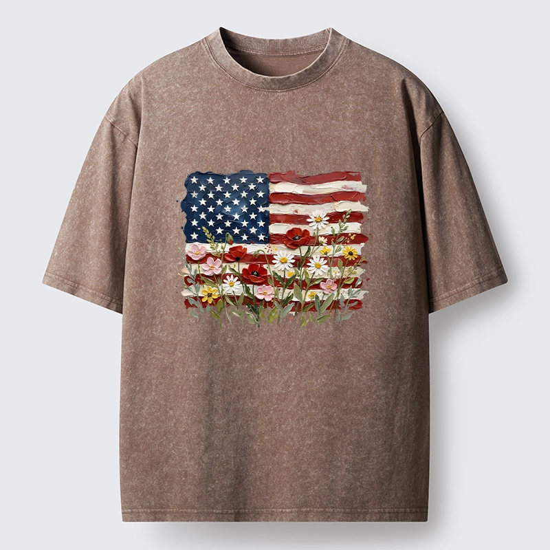 Tokyo-Tiger Floral Accents On Textured Flag Art Washed T-Shirt