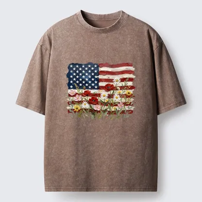 Tokyo-Tiger Floral Accents On Textured Flag Art Washed T-Shirt