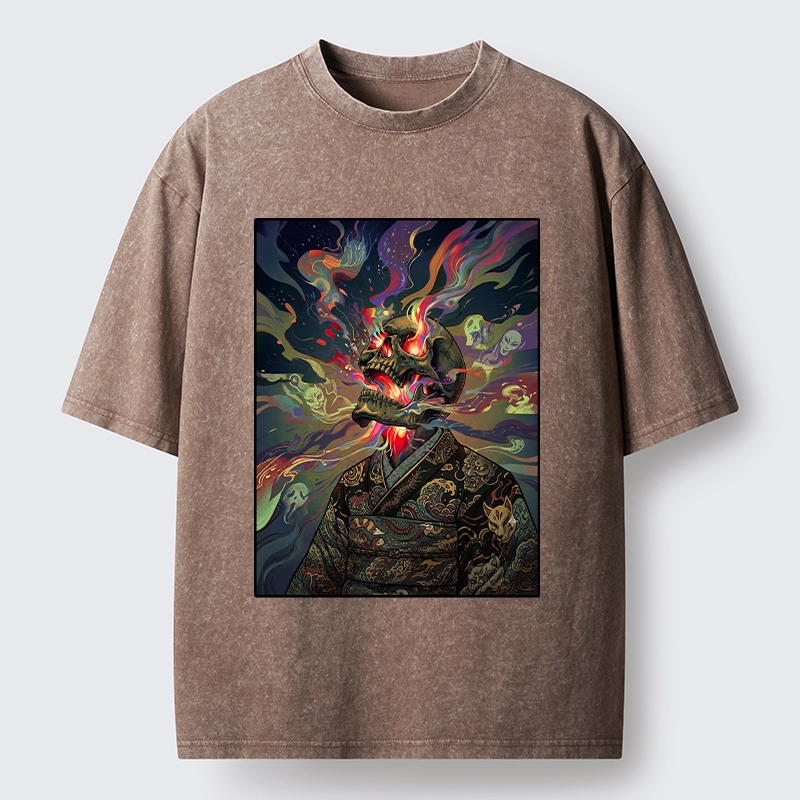 Tokyo-Tiger Colorful Flame Spirits Around Dead Head Washed T-Shirt