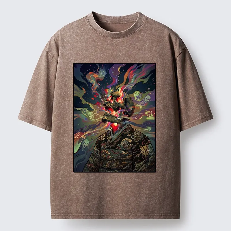 Tokyo-Tiger Colorful Flame Spirits Around Dead Head Washed T-Shirt