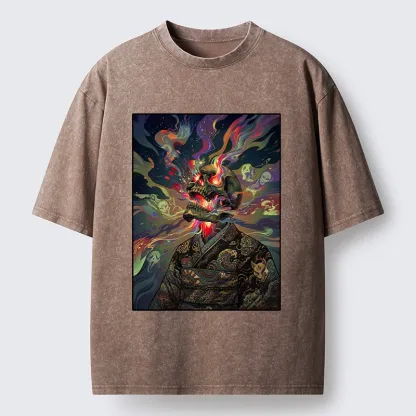 Tokyo-Tiger Colorful Flame Spirits Around Dead Head Washed T-Shirt