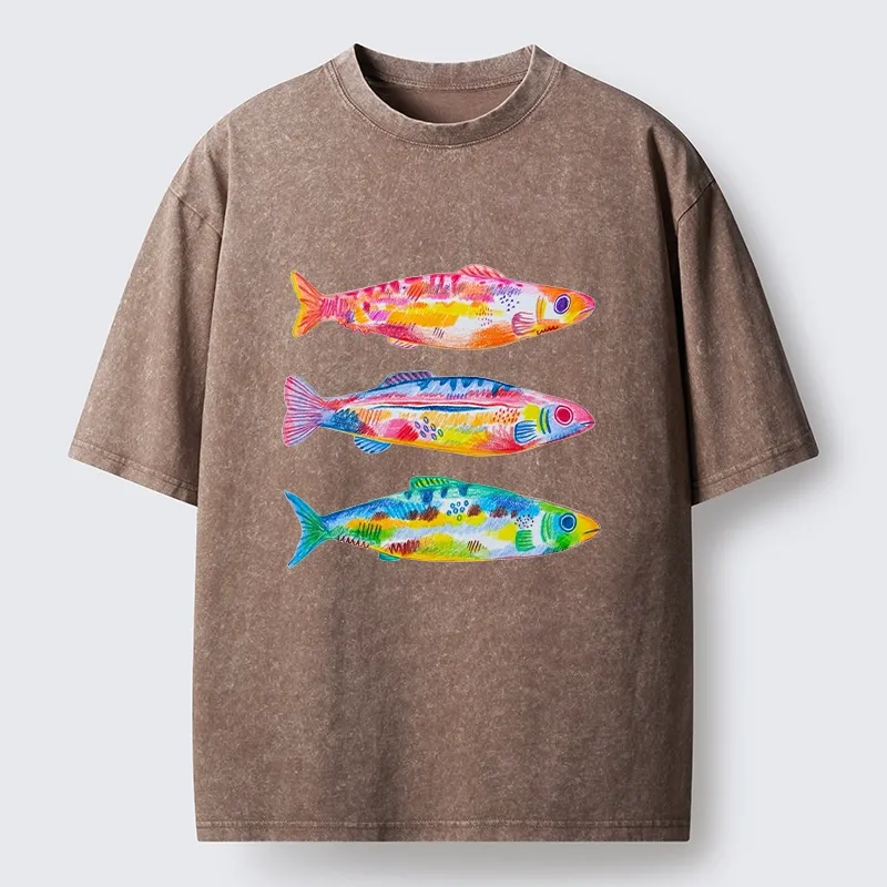 Tokyo-Tiger Colorful Hand Drawn Fish Washed T-Shirt