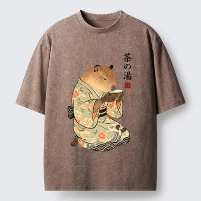 Tokyo-Tiger Capybara Drinking Tea In Kimono Washed T-Shirt