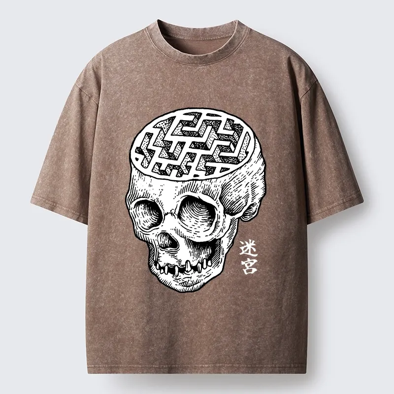 Tokyo-Tiger Skull With Brain Maze Washed T-Shirt