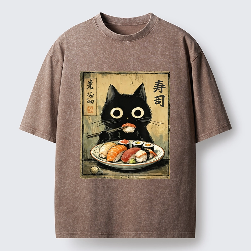 Tokyo-Tiger Vintage Japanese Sushi Cat Washed T-Shirt