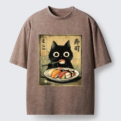 Tokyo-Tiger Vintage Japanese Sushi Cat Washed T-Shirt
