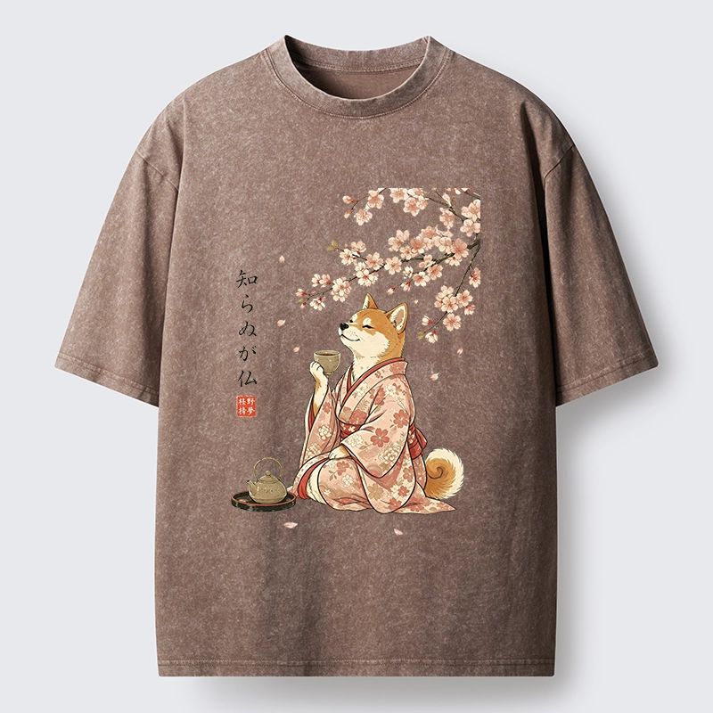 Tokyo-Tiger Japanese Kimono Shiba Tea Time Washed T-Shirt