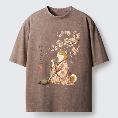 Tokyo-Tiger Japanese Kimono Shiba Tea Time Washed T-Shirt