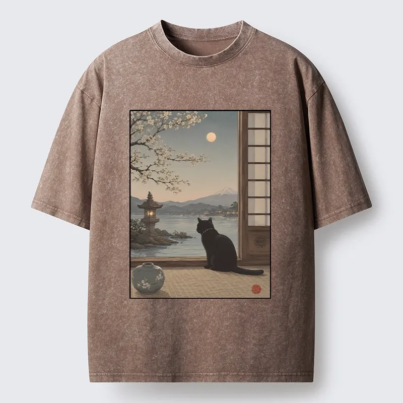 Tokyo-Tiger Black Cat Watching Mount Fuji At Night Washed T-Shirt