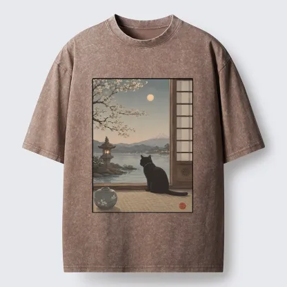 Tokyo-Tiger Black Cat Watching Mount Fuji At Night Washed T-Shirt