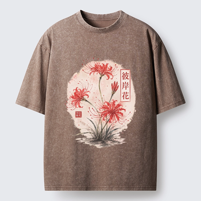 Tokyo-Tiger Red Spider Lily Watercolor Painting Washed T-Shirt