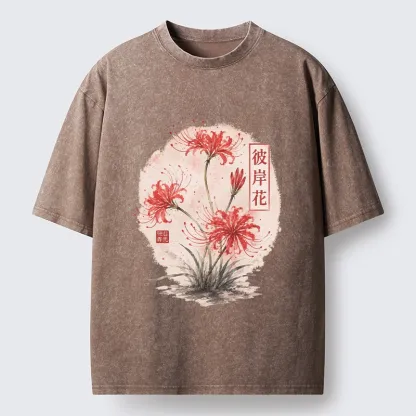 Tokyo-Tiger Red Spider Lily Watercolor Painting Washed T-Shirt