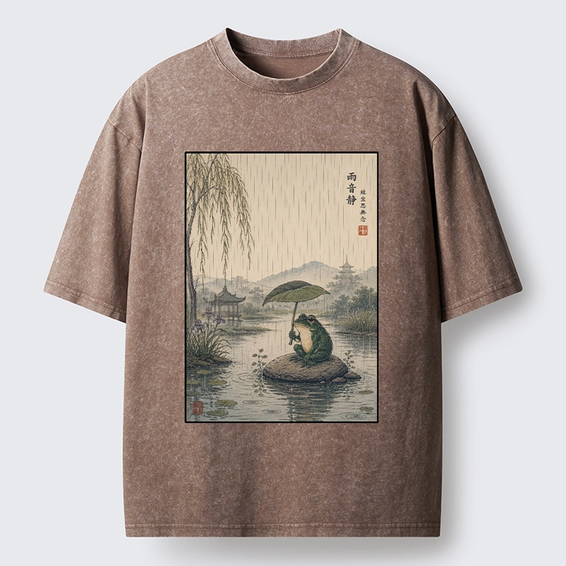 Tokyo-Tiger Frog Holding Lotus Leaf In The Rain Washed T-Shirt