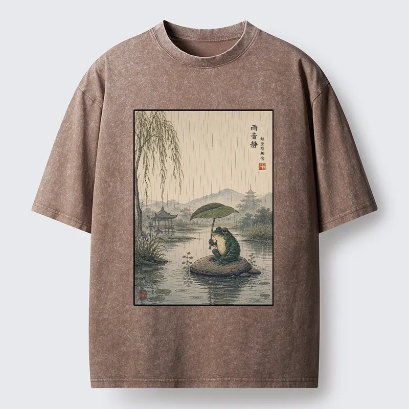 Tokyo-Tiger Frog Holding Lotus Leaf In The Rain Washed T-Shirt